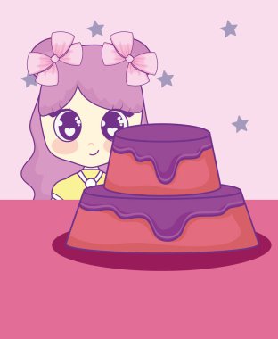şirin kawaii kız pasta Doğum günü kartı ile
