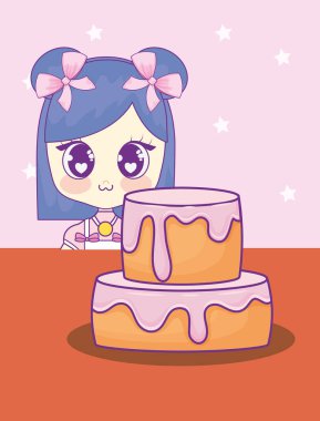 şirin kawaii kız pasta Doğum günü kartı ile