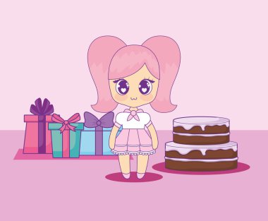 şirin kawaii kız pasta Doğum günü kartı ile