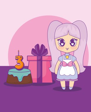 şirin kawaii kız pasta Doğum günü kartı ile