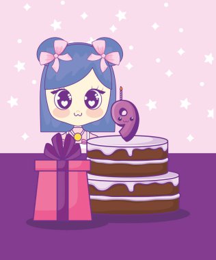 şirin kawaii kız pasta Doğum günü kartı ile