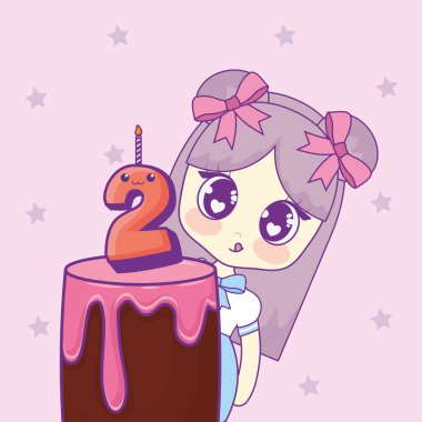 şirin kawaii kız pasta Doğum günü kartı ile