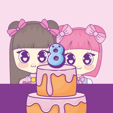 şirin kawaii kızlar pasta Doğum günü kartı ile
