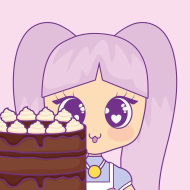 şirin kawaii kız pasta Doğum günü kartı ile