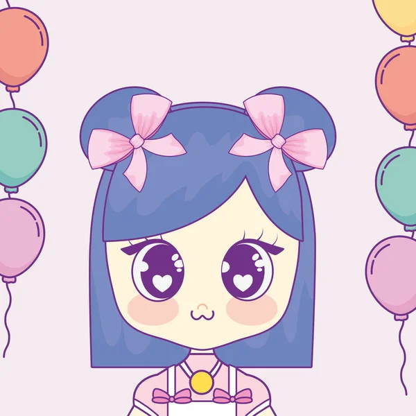 Kawaii meisje met ballonnen helium frame — Stockvector