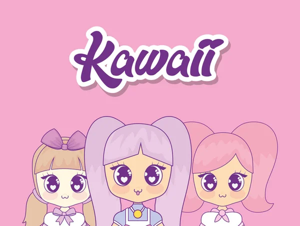 Grupa znaków ładny kawaii dziewczyny — Wektor stockowy