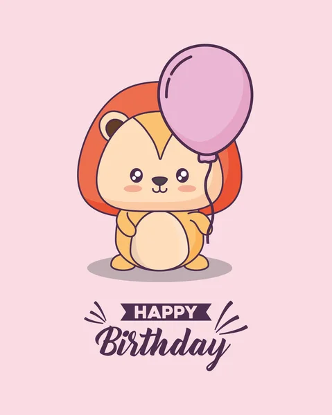 Tarjeta de cumpleaños con carácter lindo león kawaii — Vector de stock