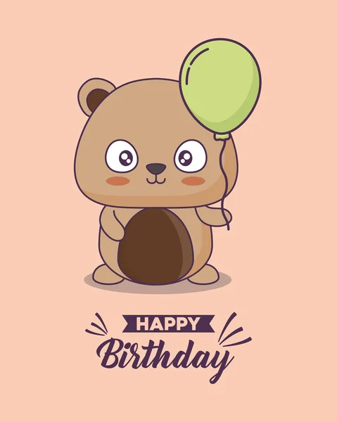 Cartão de aniversário com personagem bonito urso kawaii — Vetor de Stock