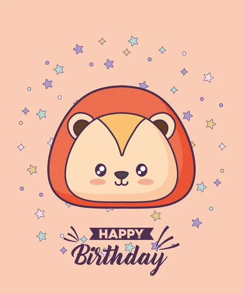 Cartão de aniversário com o personagem bonito leão kawaii — Vetor de Stock