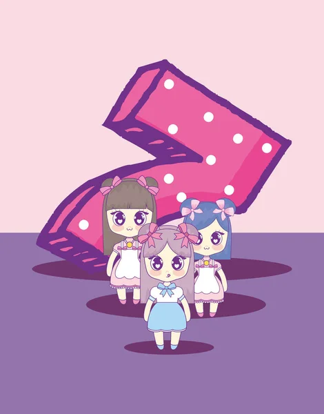 Kawaii girls met nummer verjaardagskaart — Stockvector