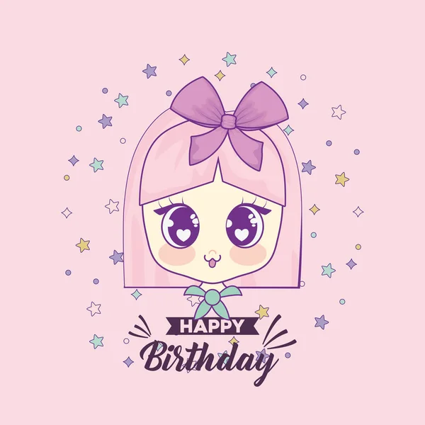 Cartão de aniversário feliz com menina kawaii — Vetor de Stock
