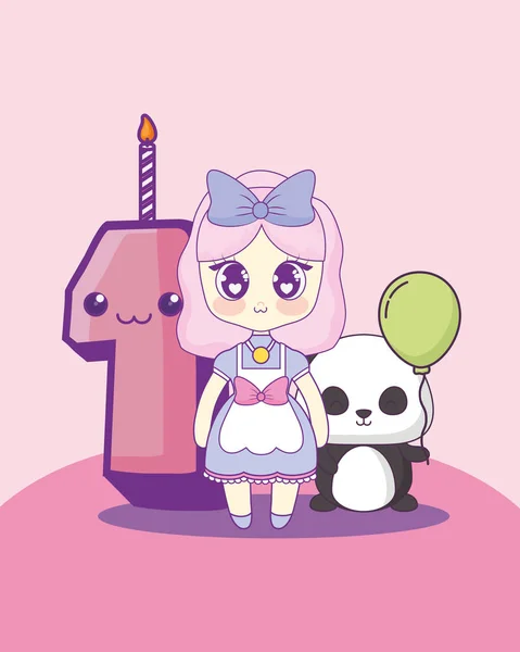 Kawaii Chica Con Lindo Animal Número — Archivo Imágenes Vectoriales