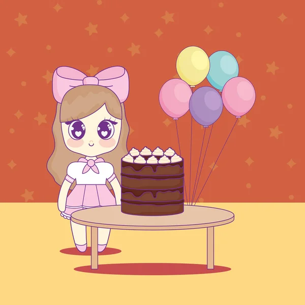 Şirin kawaii kız pasta Doğum günü kartı ile — Stok Vektör
