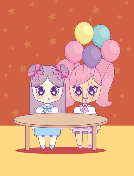 Schattig kawaii girls met ballonnen helium karakter — Stockvector