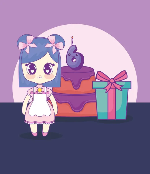 Linda chica kawaii con tarjeta de cumpleaños pastel — Vector de stock
