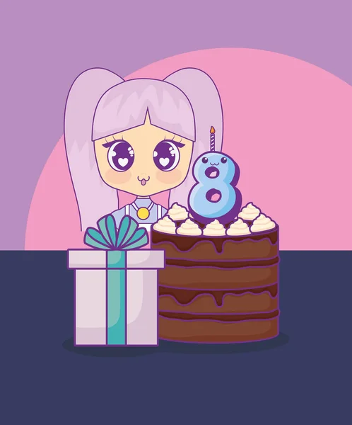 Bonito kawaii menina com bolo cartão de aniversário — Vetor de Stock