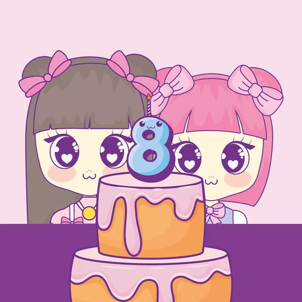 şirin kawaii kızlar pasta Doğum günü kartı ile