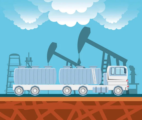 Industria petrolera con camión de transporte — Vector de stock