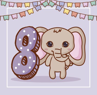 Mutlu yıllar çizmek ile sevimli fil ve gri arka plan, renkli tasarım üzerinde sekiz numara. vektör çizim