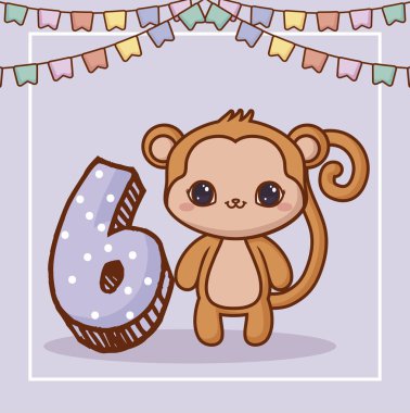 Mutlu yıllar çizmek ile sevimli maymun ve gri arka plan, renkli tasarım üzerinde altı numara. vektör çizim