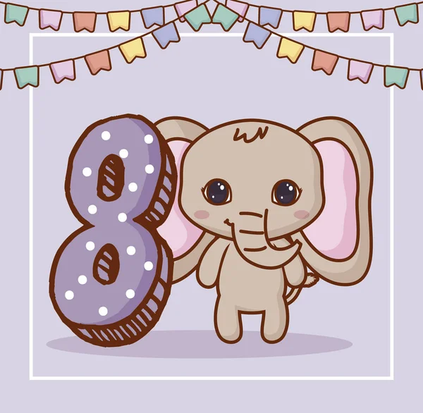 Mutlu yıllar çizmek ile sevimli fil ve gri arka plan, renkli tasarım üzerinde sekiz numara. vektör çizim