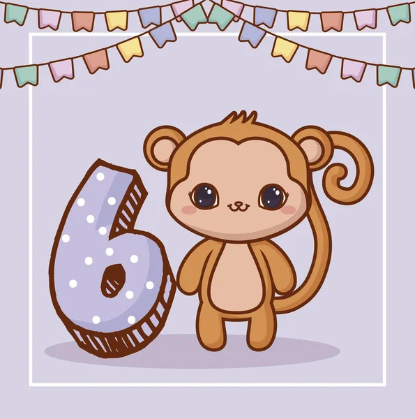 Mutlu yıllar çizmek ile sevimli maymun ve gri arka plan, renkli tasarım üzerinde altı numara. vektör çizim