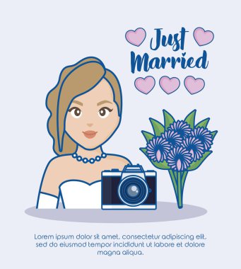 Sadece evli Infographic karikatür gelin ve kamera simgesinin üzerinde mavi arka plan, renkli tasarımı ile. vektör çizim