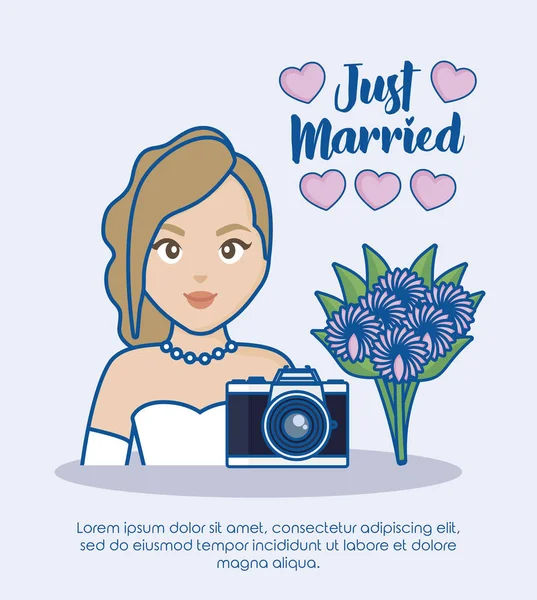 Sadece evli Infographic karikatür gelin ve kamera simgesinin üzerinde mavi arka plan, renkli tasarımı ile. vektör çizim