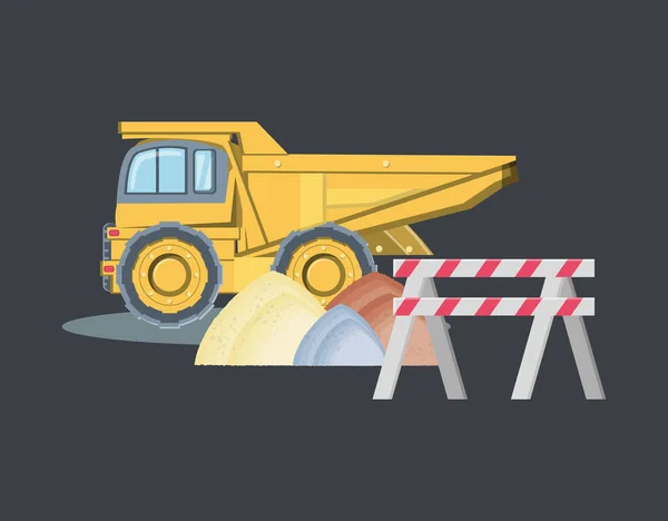 Construction Design Dump Truck Pile Sand Gray Background Colorful Design — Stock Vector