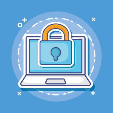 Dizüstü bilgisayar ve mavi arka plan, renkli tasarım üzerinde asma kilit. vektör çizim