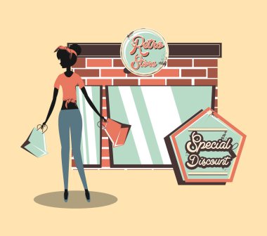 Retro alışveriş mağazası kadın çantası ile
