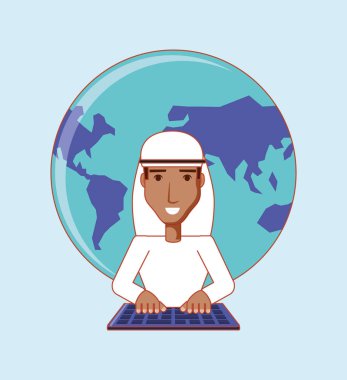 Arap adam klavye dünya sosyal medya ile yazarak