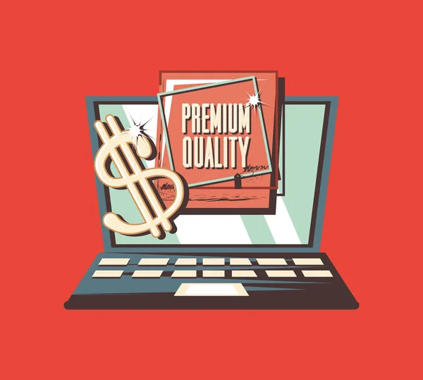 Retro-Shopping-Laptop Premium-Qualität Dollar — Stockvektor