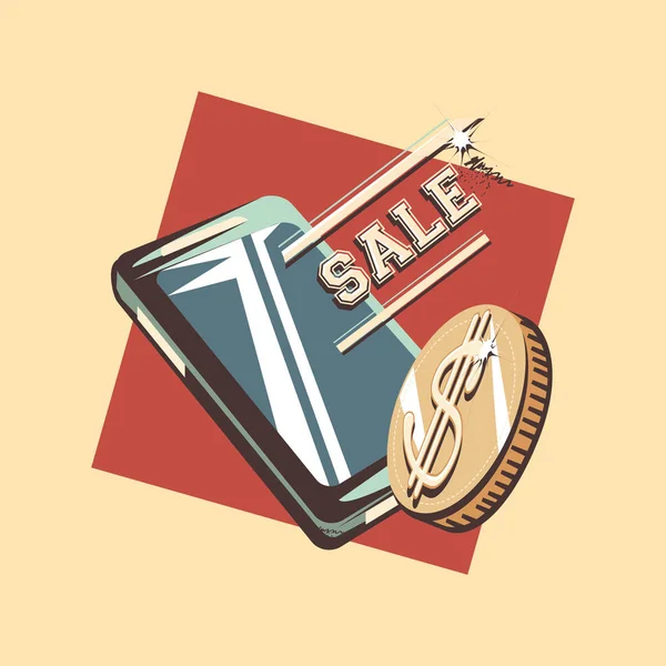 Retro winkelen van de verkoop van cellphone dollar munt — Stockvector