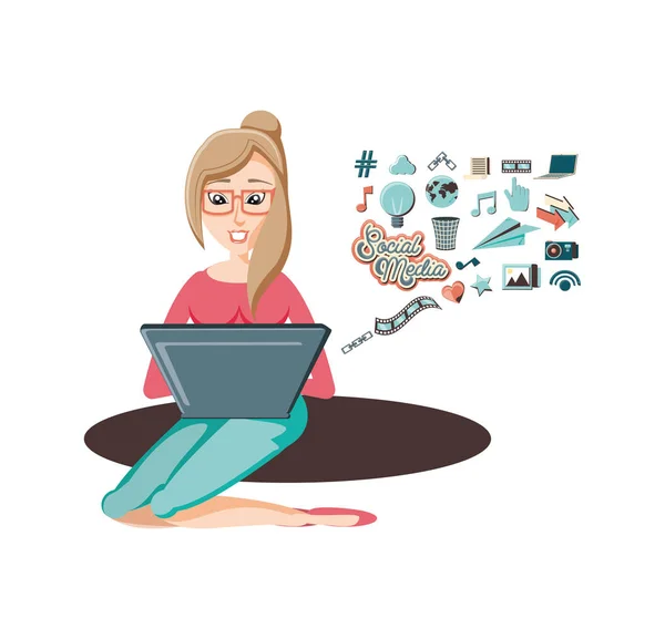 Mujer con iconos de redes sociales portátiles — Vector de stock