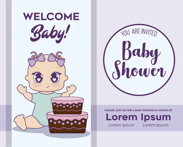 Baby Shower Uitnodiging Met Schattige Baby Meisje Taart Pictogram Kleurrijke — Stockvector