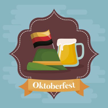 Oktoberfest festival amblemi alp şapka ve bira kupa simgesinin üzerinde mavi arka plan, renkli tasarımı ile. vektör çizim
