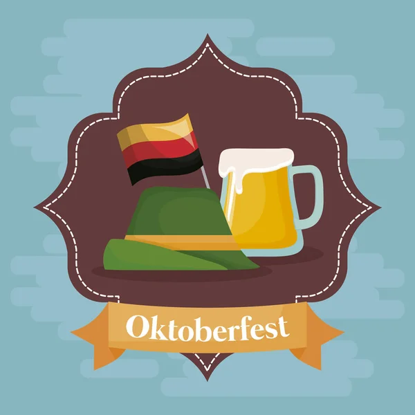 Oktoberfest Festival Emblem Med Alpin Hatt Och Mugg Ikon Över — Stock vektor