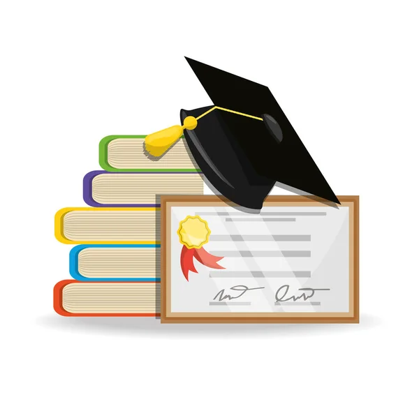 Leuke boeken met diploma en cap afstuderen — Stockvector