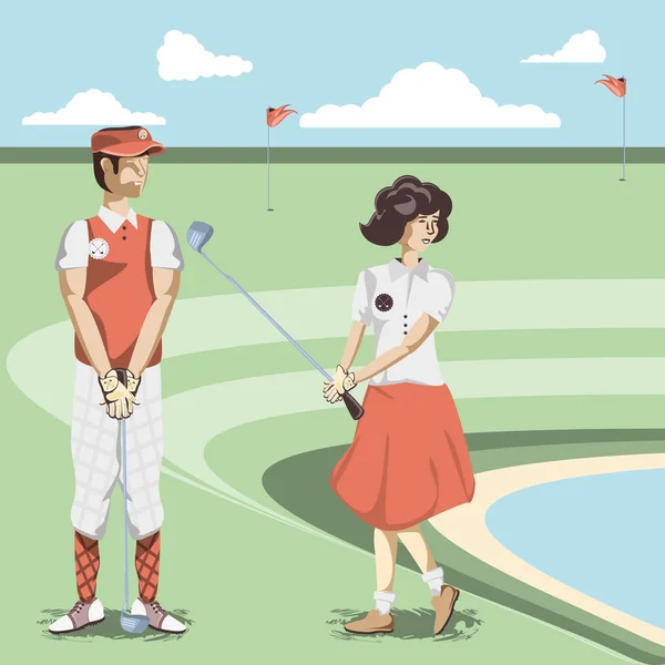 Golf players couple in the course — стоковый вектор