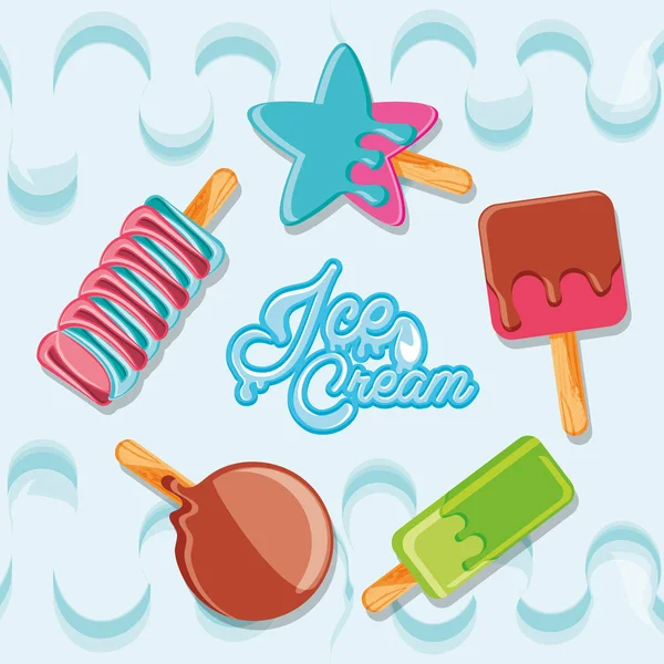 Delicioso conjunto de helados en cartel de palo — Vector de stock