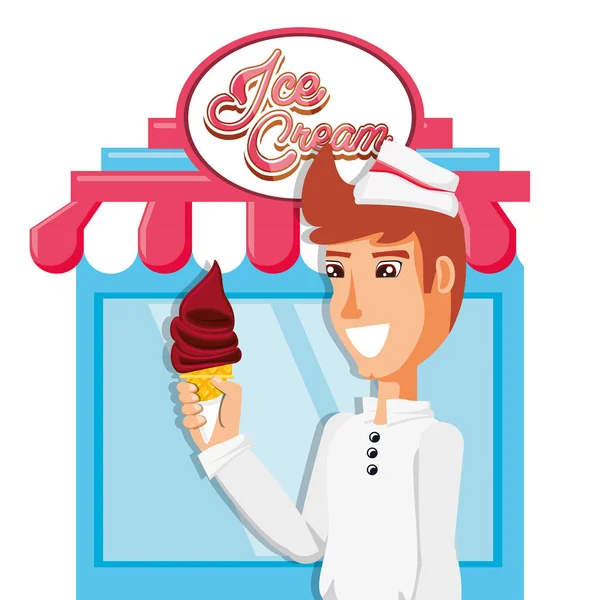 Ice cream salesman in kiosk character — Stock Vector