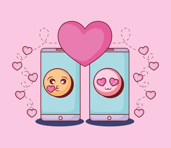 Smartphones emoticon love kiss online dating — Stock Vector