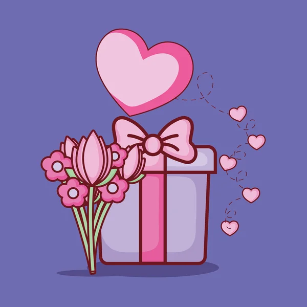 Δώρο κουτί και μπουκέτο λουλούδια αγάπη online dating — Διανυσματικό Αρχείο