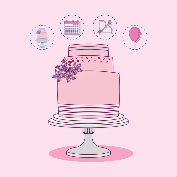Tarjeta de celebración de boda con pastel dulce — Vector de stock