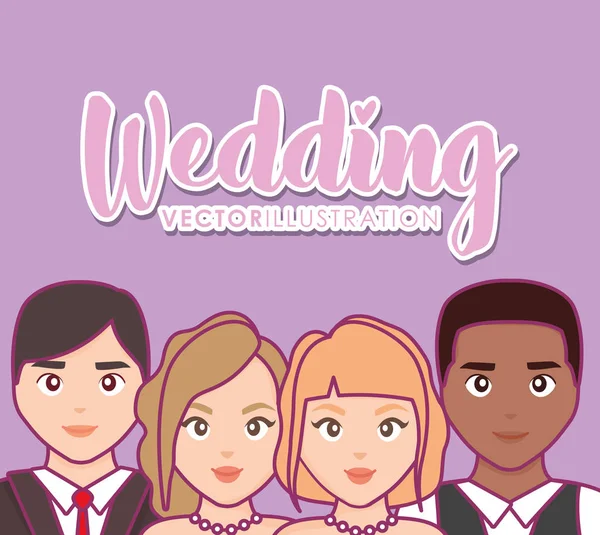 Tarjeta de boda con grupo de parejas — Vector de stock