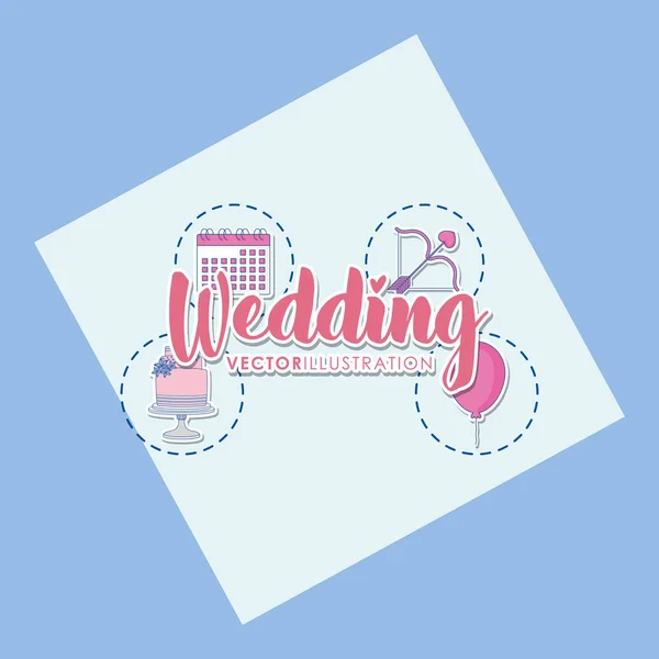 Cartão de celebração do casamento com ícones definidos — Vetor de Stock