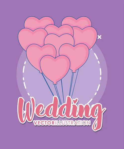 Hochzeitskarte mit Herzen Luftballons Helium — Stockvektor