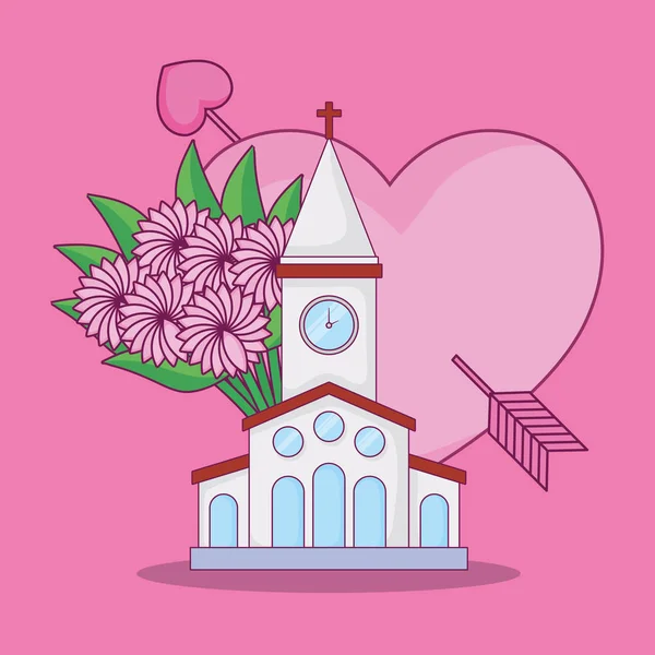 Tarjeta de celebración de boda con edificio de la iglesia — Vector de stock