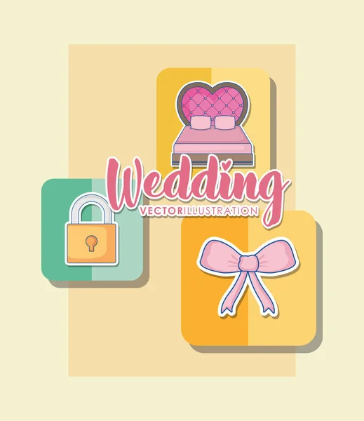 Tarjeta de celebración de la boda con iconos establecidos — Vector de stock